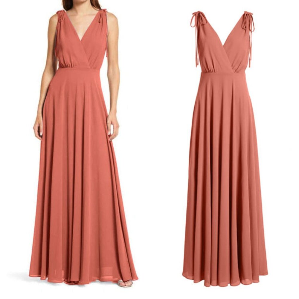 Lulu’s Dance the Night Away Dusty Rose Backless V-Neck Chiffon Maxi Dress Size M